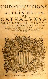 Portada de la compilación de 1588-1589 de las Constitucions i altres drets de Catalunya